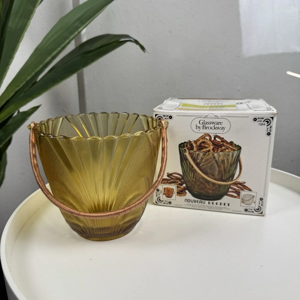 Vintage MCM Glassware by Brockway Crystal Nouveau Bucket Rattan Handle NEW